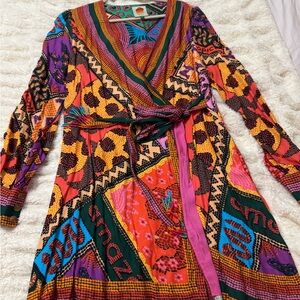 FARM Rio Orange and Purple Long Sleeve Wrap Sundress